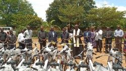 Bishop Edwin Mulandu of Mpika Diocese blesses bicycles for Catechists.