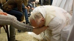 Pope Francis during the rite of the washing of the feet at the juvenile prison of Casal del Marmo (2013)