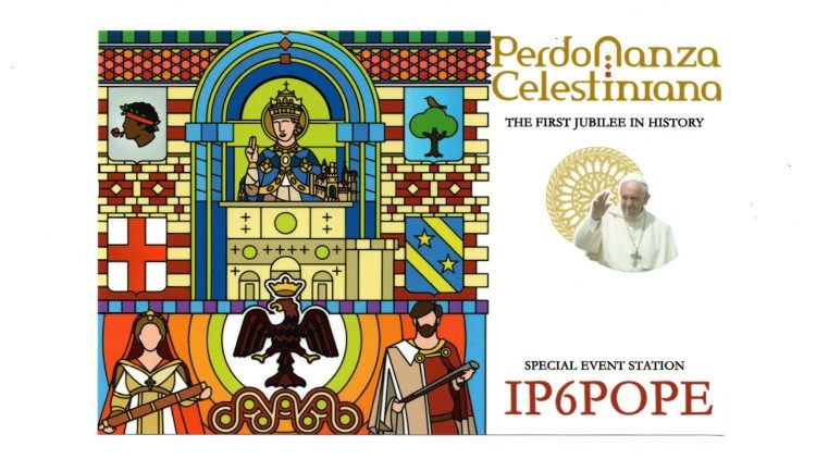 La cartolina QSL per il viaggio di Papa Francesco a L'Aquila nel 2022 con il nominativo speciale "IP6POPE"