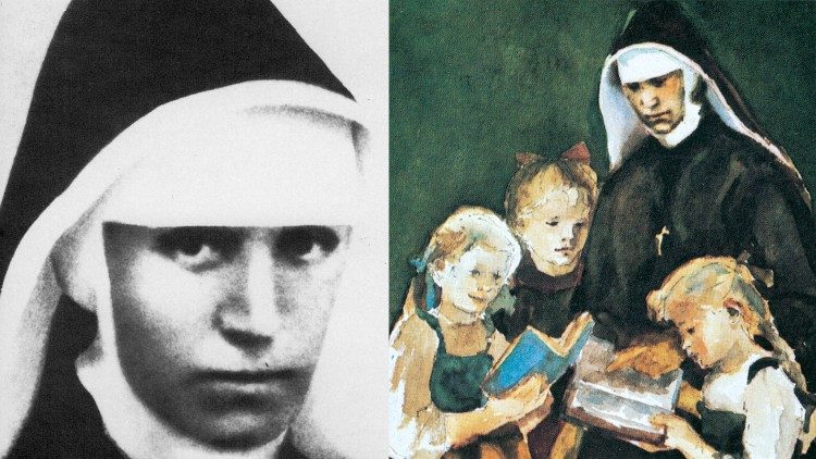 Photo of Mother Bernarda Heimgartner and an illustration of her with children