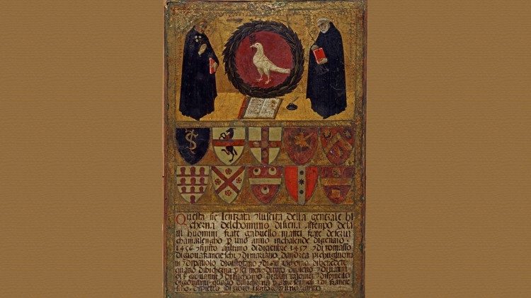 La colomba della pace tra i santi Gioacchino Piccolomini e Francesco Patrizi, ASSi, Tavolette di Biccherna n. 31, 1457 Sano di Pietro