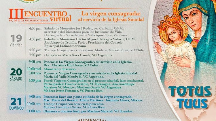 Programa del encuentro virtual del Ordo Virginum en Latinoamérica y el Caribe 2023.