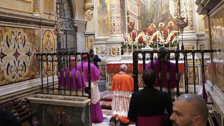 El cardenal Parolin en oración ante la Madonna Bruna di Montevergine