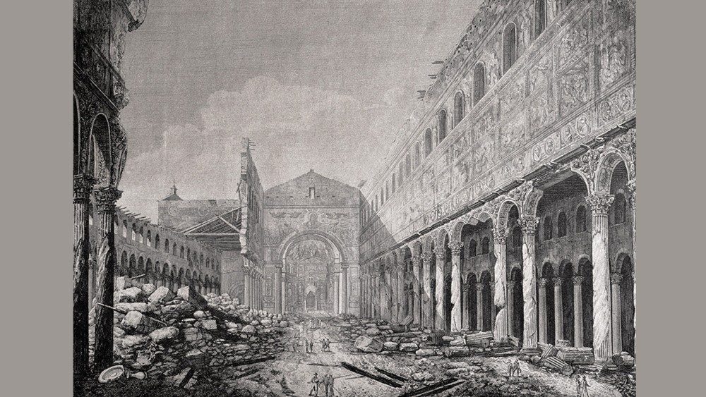 Una incisione che riproduce l'incendio del 1823 nella Basilica di San Paolo fuori le Mura