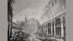 Ein Stich mit der Abbildung der bei dem Brand 1823 zerstörten Basilika St. Paul vor den Mauern
