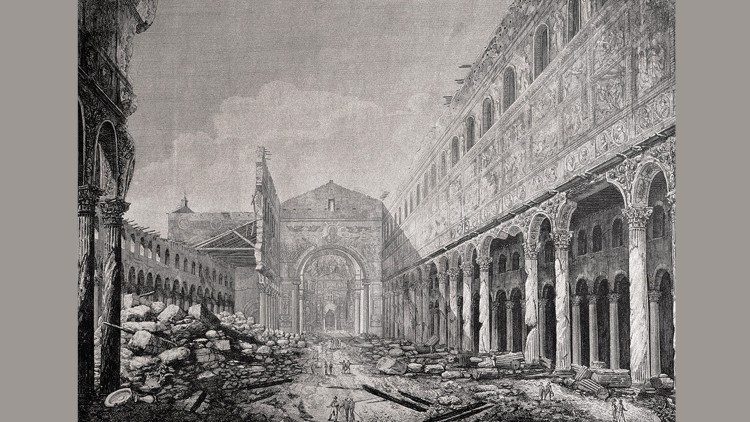 Rytina zachycující spáleniště Baziliky svatého Pavla v roce 1823