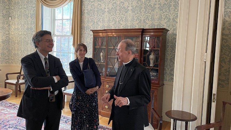 Archbishop William Lori shows Dr. Paolo Ruffini and Dr. Nataša Govekar around his historic residence