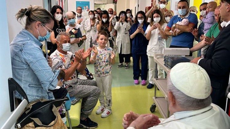 Pope Francis visits Paediatric Oncology and Child Neurosurgery Ward on the tenth floor of the Gemelli Hospital, adjacent to the flat where he is convalescing.