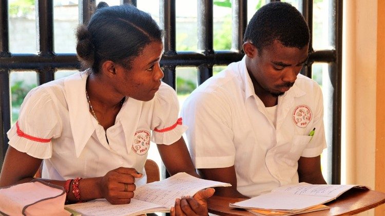 Zwei Schüler der Sekundarstufe studieren aufmerksam