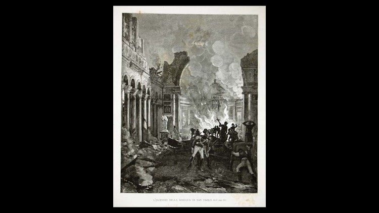 Požár Baziliky svatého Pavla v roce 1823 na starém tisku