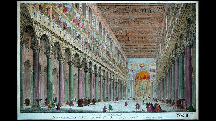 Auf einem antiken Druck das Innere der Basilika vor 1823