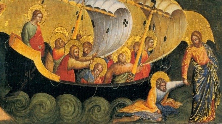 In Peter je stopil iz čolna, hodil po vodi in šel k Jezusu. Ko pa je videl, da je veter močan, se je zbal. Začel se je potapljati in je zavpil: »Gospod, reši me!«
