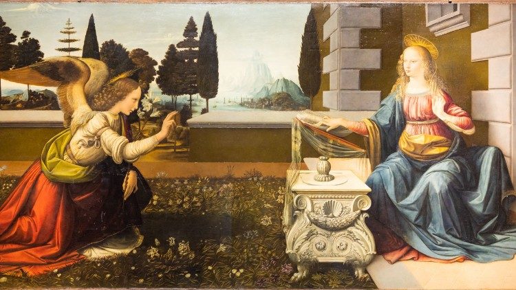 Leonardo da Vinci, Andrea del Verrocchio, Annunciazione, 1472, Galleria degli Uffizi