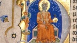 Szent István király a trónon a koronázási jelvényekkel. A Képes krónika miniatúrája