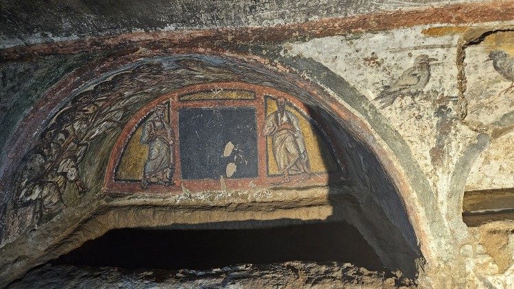 Eine der vielen buten Grabmalereien in den Domitilla-Katakomben