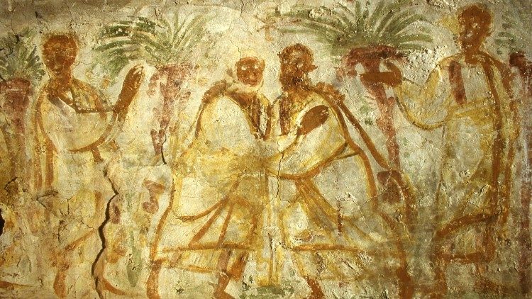 Affresco con l'abbraccio di Pietro e Paolo, Catacombe dell’ex Vigna Chiaraviglio, Roma