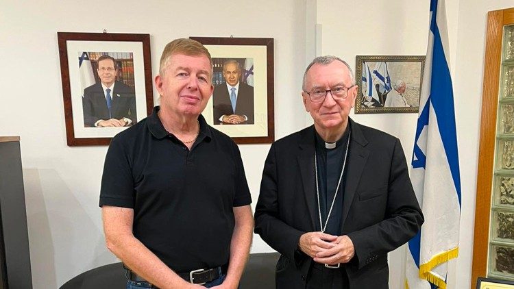 Cardinal Pietro Parolin (R) with Israeli Ambassador Raphael Schutz
