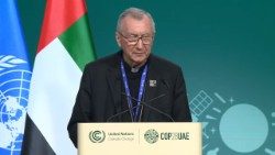 Kard. Pietro Parolin med branjem papeževega govora na COP28 v Dubaju (2. december 2023)