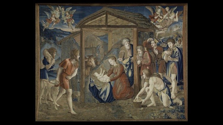 Flemish Workshop, Brussels; subjects and cartoons: School of Raphael Sanzio (Urbino 1483 - Rome 1520); tapestry: workshop of VAN AELST, Pieter; Tapestry from the "New School" series: Adoration of the Shepherds; warp in wool; weft in wool, silk, and gilded silver; 1524-1531; Vatican Museums.