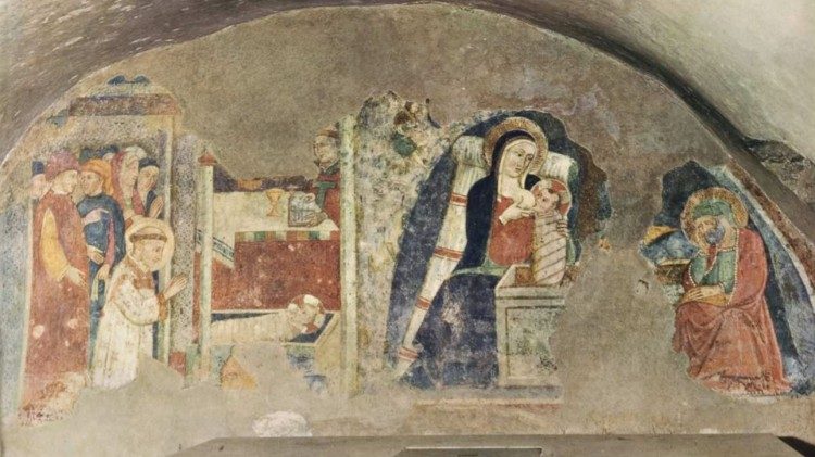 Mestre de Narni, Presépio de Greccio, Natividade de Jesus, afresco, de 1409, Capela do presépio, Convento de Greccio