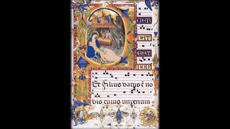 Don Silvestro dei Gherarducci. Spartito del canto gregoriano "Puer natus est nobis", fine XIV secolo