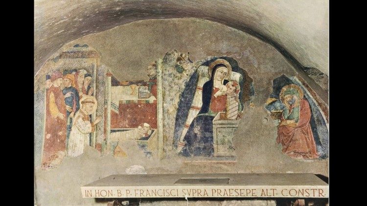 Mestre de Narni, Presépio de Greccio, Natividade de Jesus, pintura mural, cerca de 1409, Capela do presépio, Convento de Greccio