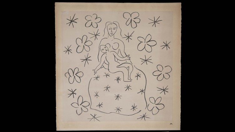 Henri Matisse, Zoja me Krishtin Fëmijë në sfondin e luleve dhe yjeve (Vierge et Enfant sur fond de fleurs et d'étoiles), 1950-1951 Qyteti i Vatikanit, Muzetë e Vatikanit, Koleksioni i Artit Modern dhe Bashkëkohor
