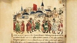 Pellegrini giungono a Roma, illustrazione del manoscritto "Cronache" di Giovanni Sercambi, XIV, Archivio di Stato, Lucca
