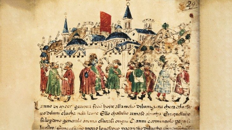 Los peregrinos llegan a Roma, ilustración del manuscrito "Cronache" de Giovanni Sercambi, XIV, Archivos del Estado, Lucca