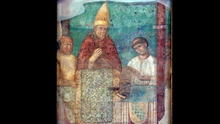 Giotto di Bondone, Bonifác VIII. oznamuje jubileum z lodžie svatého Petra, slza na fresce, 110x100. Jan Lateránský, Řím
