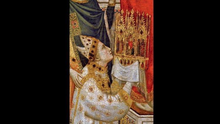 Giotto di Bondone a pomocníci, Stefaneschiho polyptych: zadní strana, detail kardinála Jacopa Caetaniho Stefaneschiho nabízejícího polyptych svatému Petrovi, tempera na desce, kolem roku 1320. ©Vatikánská muzea