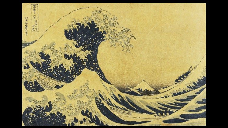 Katsushika Hokusai, La grande onda presso la costa di Kanagawa, dalla serie Trentasei vedute del monte Fuji, 1830-1832 ca., Silografia policroma, 26 x 37,6 cm, ©Courtesy of Museo d’Arte Orientale E. Chiossone
