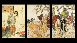 Kitagawa Utamaro Giovani donne e inserviente raccolgono i cachi 1803-1804 Silografia policroma, trittico 37,5 x 76,3 cm ©Courtesy of Museo d’Arte Orientale E. Chiossone