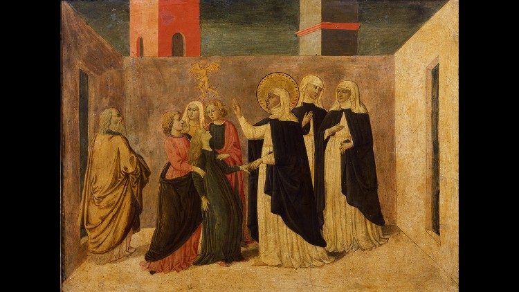 佛罗伦萨学派15世纪，祭坛画底座的分隔：《圣加大利纳将年轻的洛伦扎从魔鬼手中解救出来》