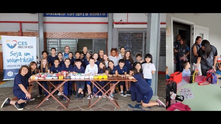 On the left, students from Colégio Espírito Santo collect food donations for the CES Mãos em Ação group. On the right, volunteers deliver packages of sweets as a special “action” for Easter at the Centro Educativo Madre Josefa, which assists children from economically vulnerable communities.