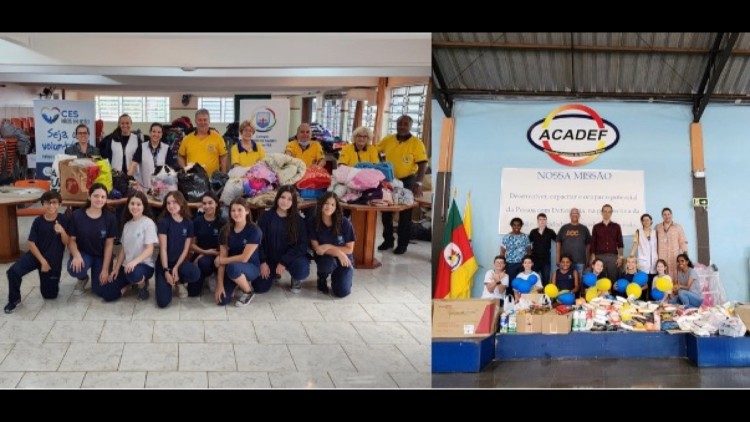 बाईं ओर, कोलेज्जो स्पिरितो सांतो के छात्र सीईएस माओस एम अकाओ समूह और कैनोअस लायंस क्लब के लिए कपड़े दान एकत्र करते हैं। दाईं ओर, लिडर एम मीम कार्यक्रम की फ़ारोल मिरिम टीम शारीरिक रूप से विकलांगों (एसीएडीईएफ) के लिए सीईएस माओस एम एकाओ समूह के साथ मिलकर एकत्र किए गए दान वितरित करती है।