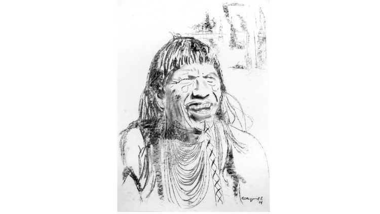 Retrato de um homem Suruí, desenho de Ramin. Reprodução reservada © copyright Família Ramin/TeM/Missionários Colombianos