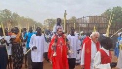 Đức cha Christian Carlassare của giáo phận Rumbek ở Nam Sudan cõng một cậu bé trên vai trong cuộc rước Lễ Lá