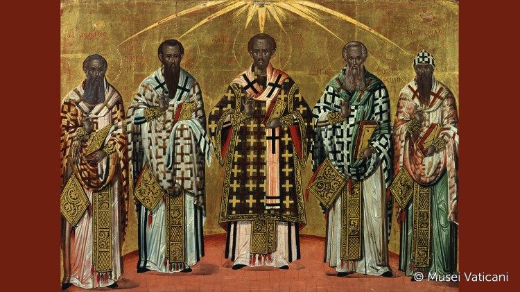 Pięciu Ojców Kościoła, od lewej: św. Atanazy, św. Bazyli, św. Jan Chryzostom, św. Grzegorz z Nazjanzu, św. Cyryl Aleksandryjski