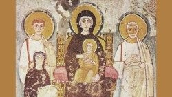 Saints Félix et Adauctus autour de la Vierge Marie, fresque des catacombes de Commodilla (Rome)