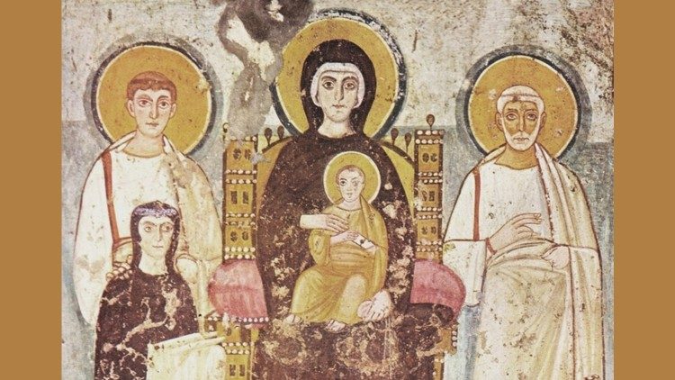 Богоматерь с Младенцем и святые мученики Феликс и Адавкт (Катакомбы Коммодиллы, VI в.)
